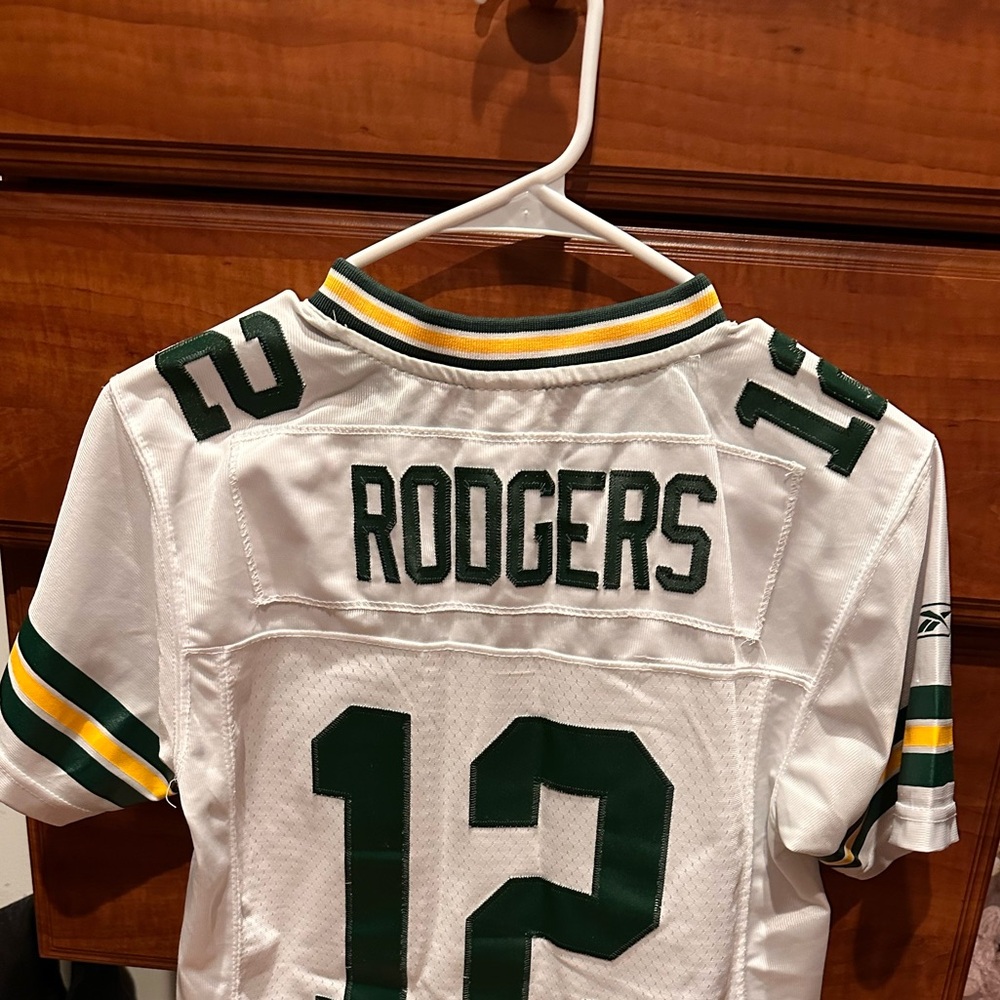 Reebok White Jersey with Green and Yellow Stripes Green Bay packers Rodger’s